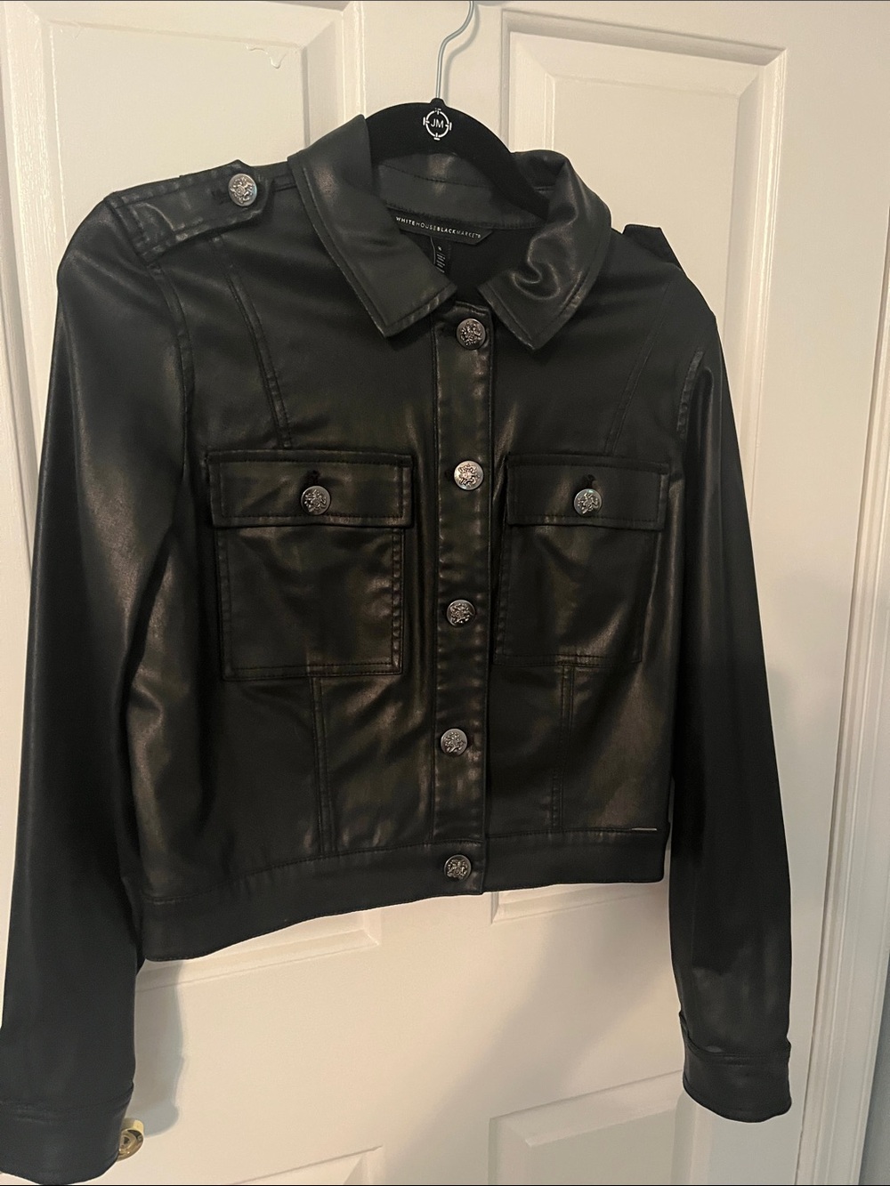 White House Black Market Black Coated Denim Button Jacket